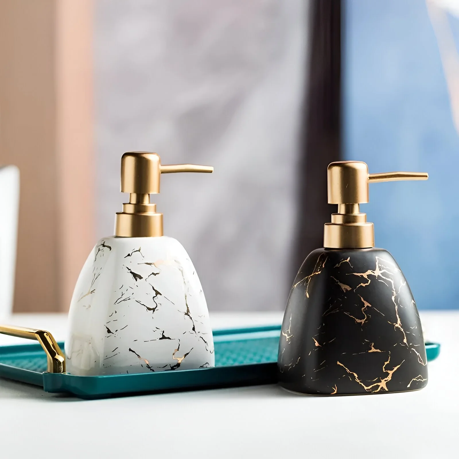 Marble Pattern Ceramic Soap Dispenser - Lotion, Hand Soap & Shampoo Bottle for Bathroom