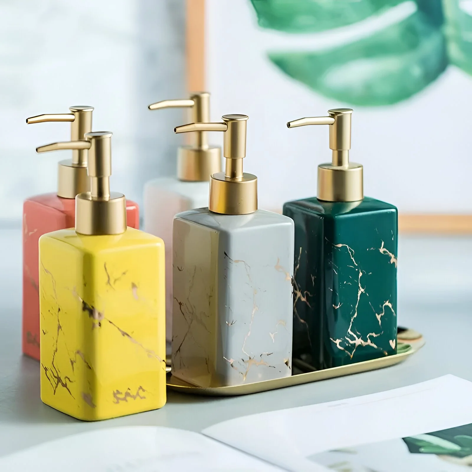 Marble Pattern Square Ceramic Lotion Bottle – Stylish Soap Dispenser for Bathroom