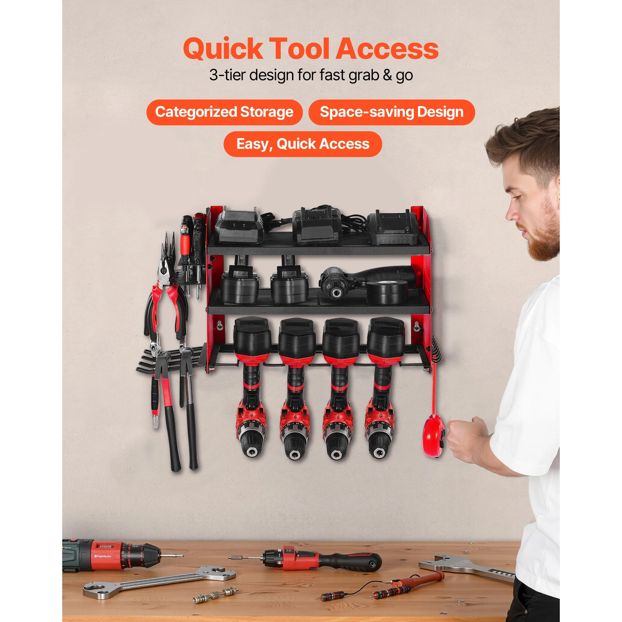 3-Tier Wall Mount Power Tool Organizer with Pegboard and Drill Holders