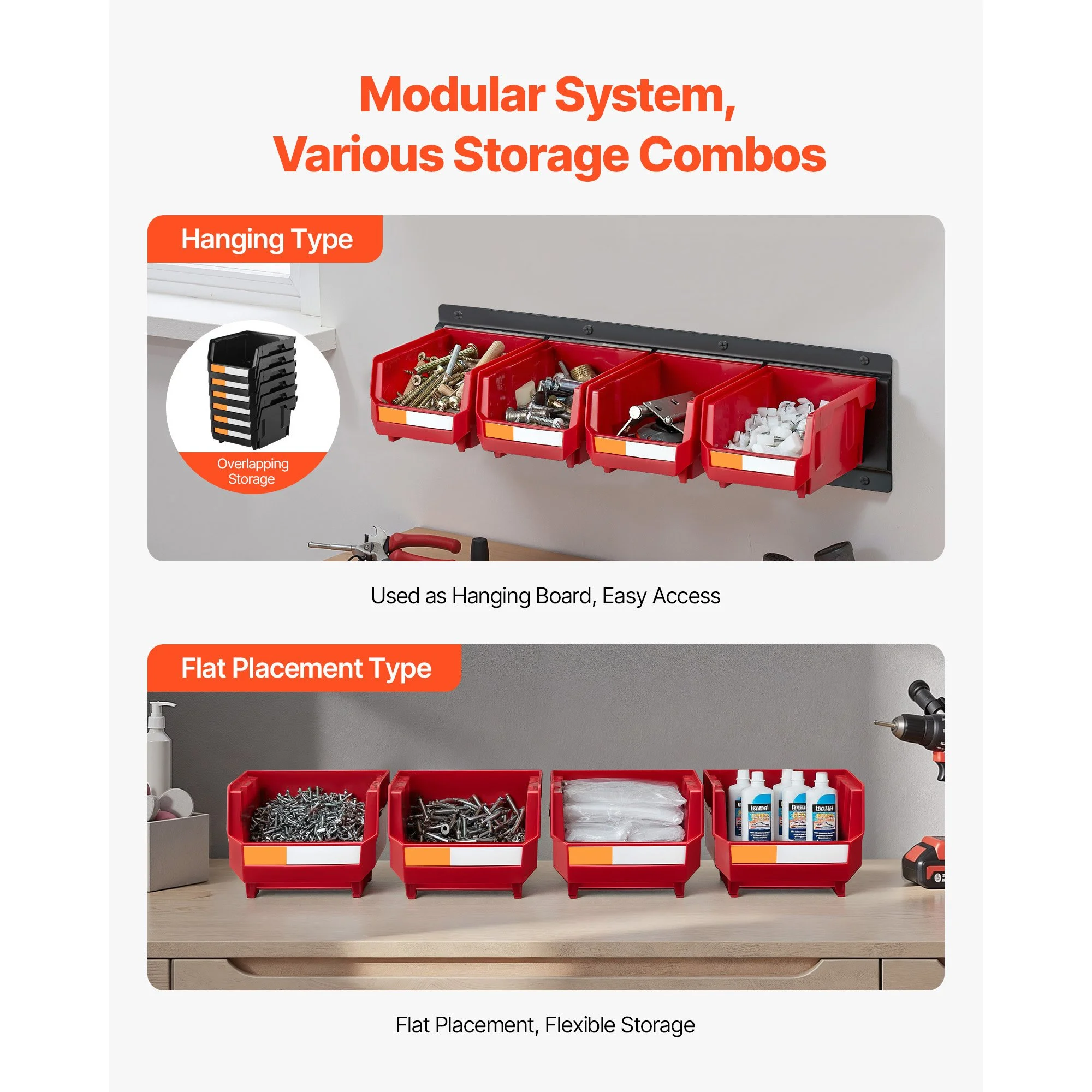 Wall Mounted Stackable Storage Bins Set with Metal Rails Organizer