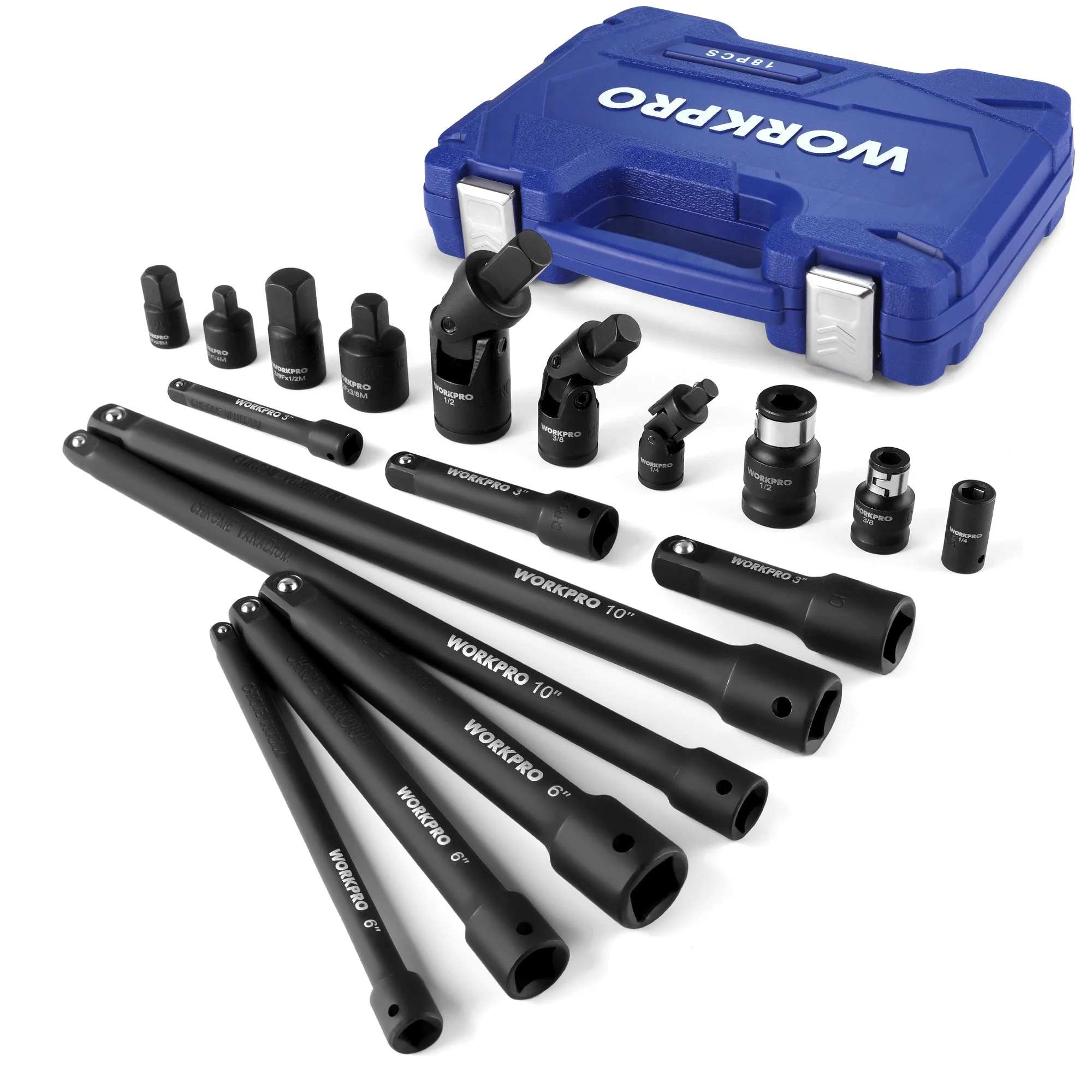 18-Piece Drive Tool Accessory Set with Extensions, Adapters & Universal Joints