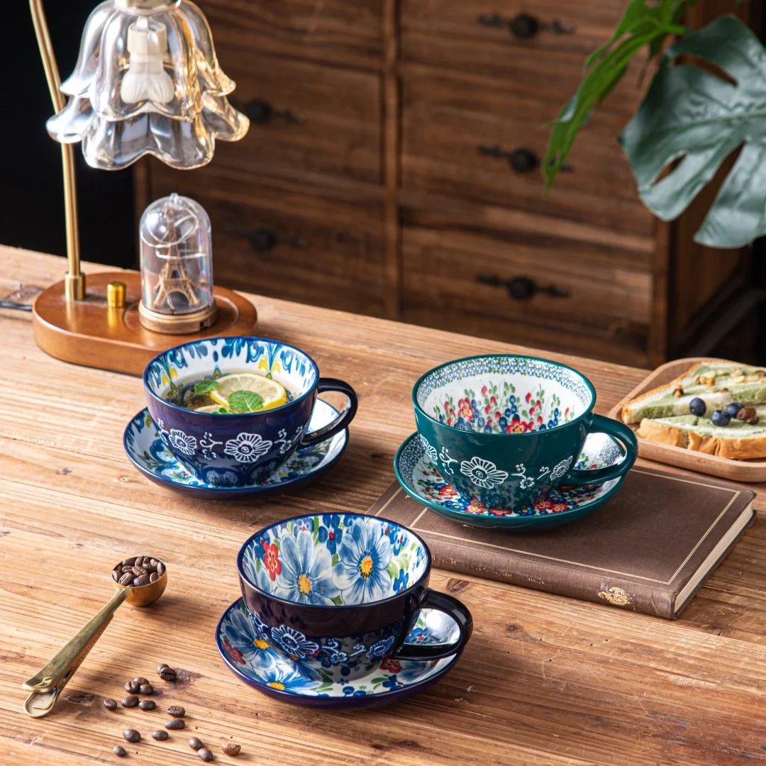 Bohemian Hand-Painted Ceramic Mug & Dessert Plate Set