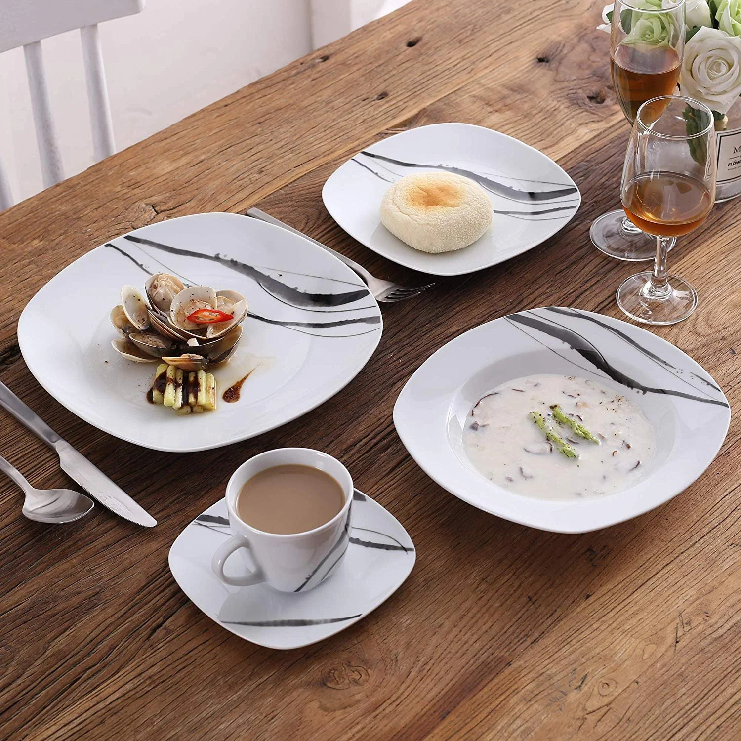 Elegant Ivory Porcelain Dinnerware Set with Cups & Plates