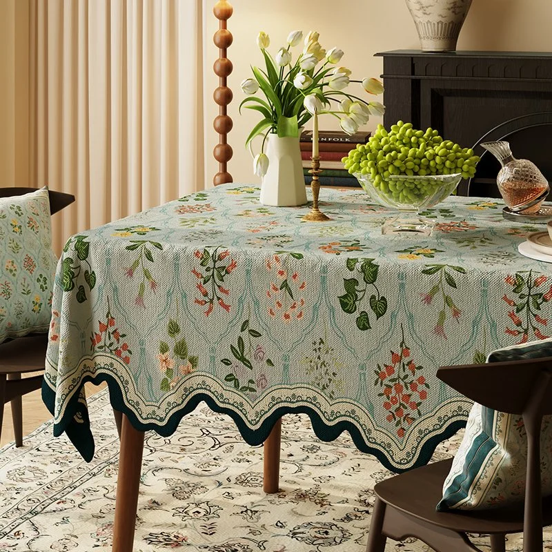 Classic Floral Wave Edge Cotton Tablecloth for Rectangular Tables