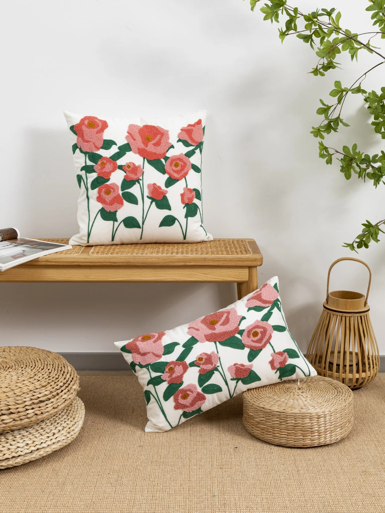 Rose Pattern Minimalist Cotton Pillow Cover