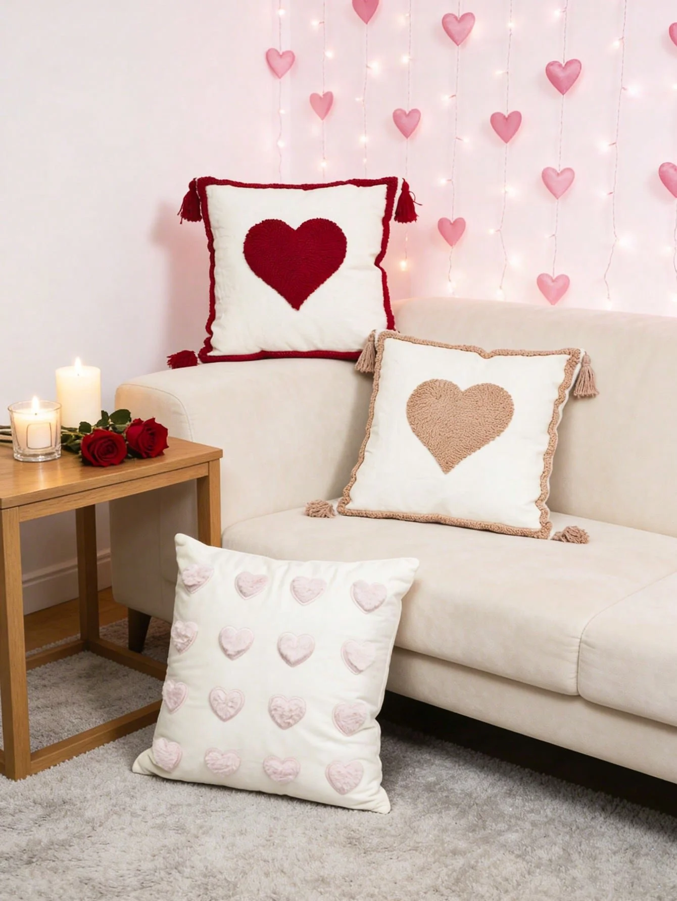 Pink Heart Jacquard Pillowcase Cover