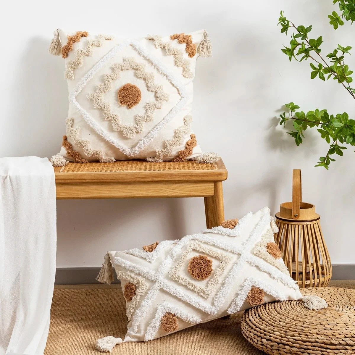 Beige Boho Geometric Wavy Line Canvas Pillow Cover