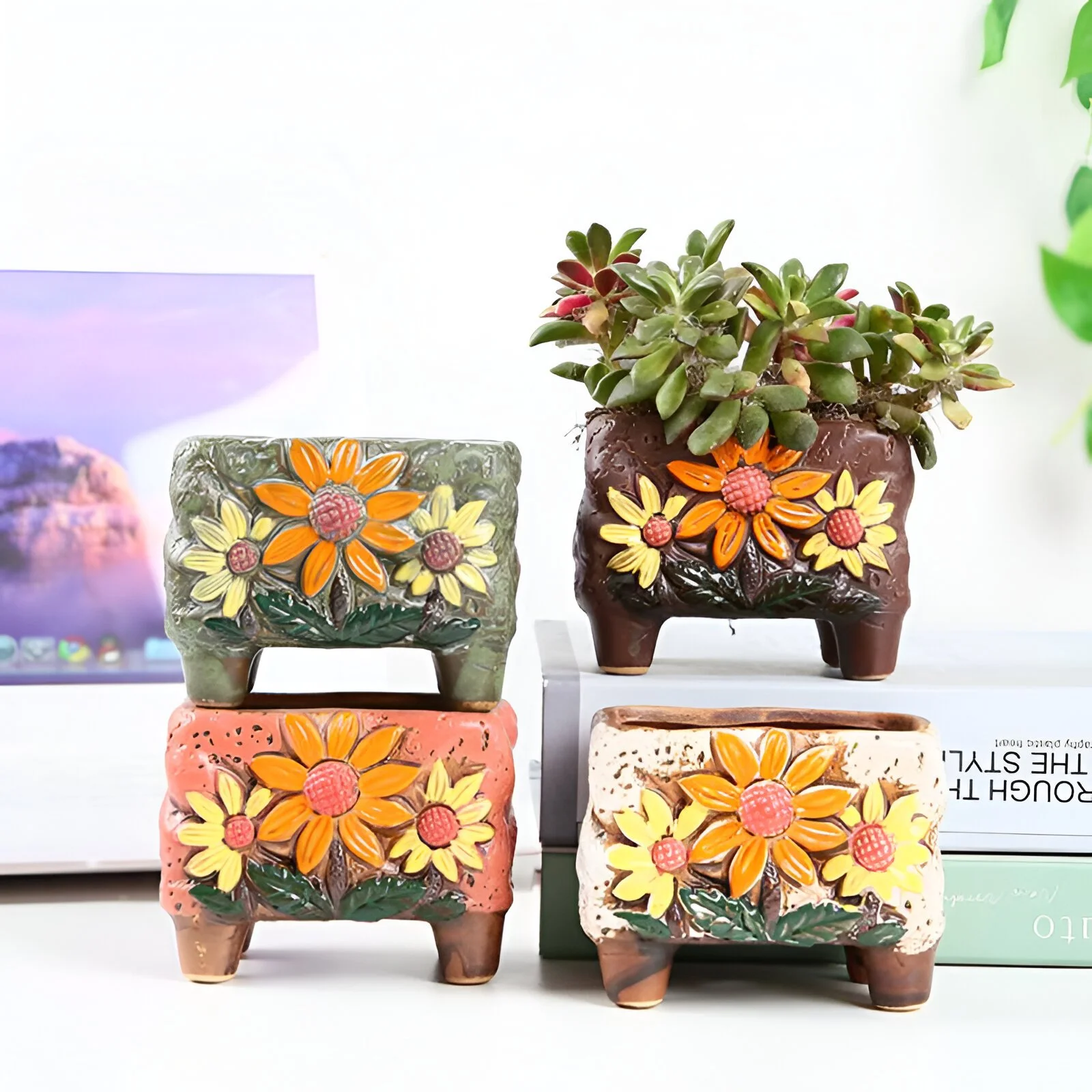 Korean Style Hand-Painted Ceramic Succulent Pot for Desk & Home Decor