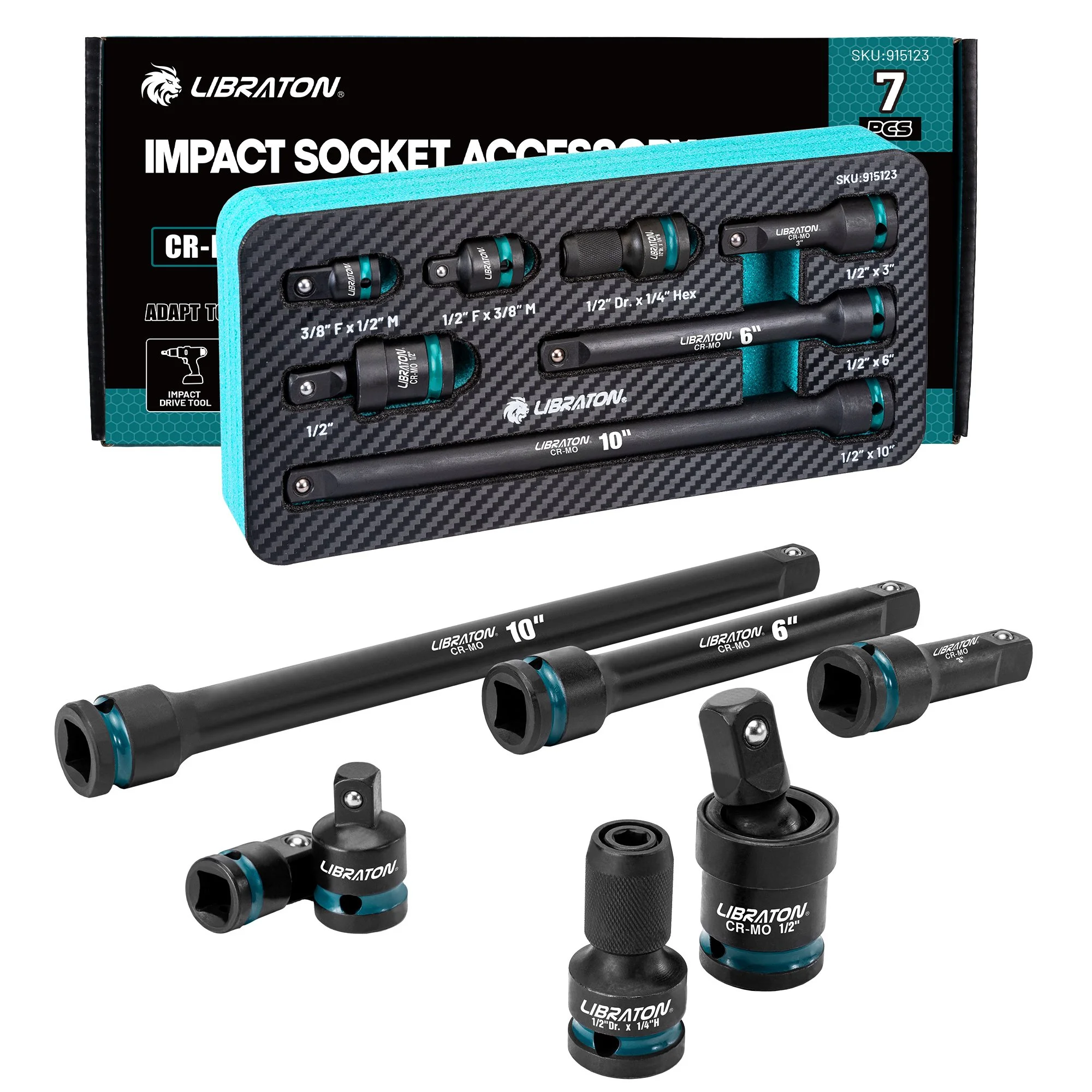 7-Piece 1/2" Impact Socket Adapter & Extension Set with Swivel and Hex Converter