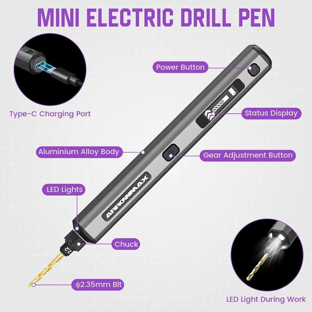 Mini Cordless Electric Drill Pen for Crafts, Wood, Plastic & Metal