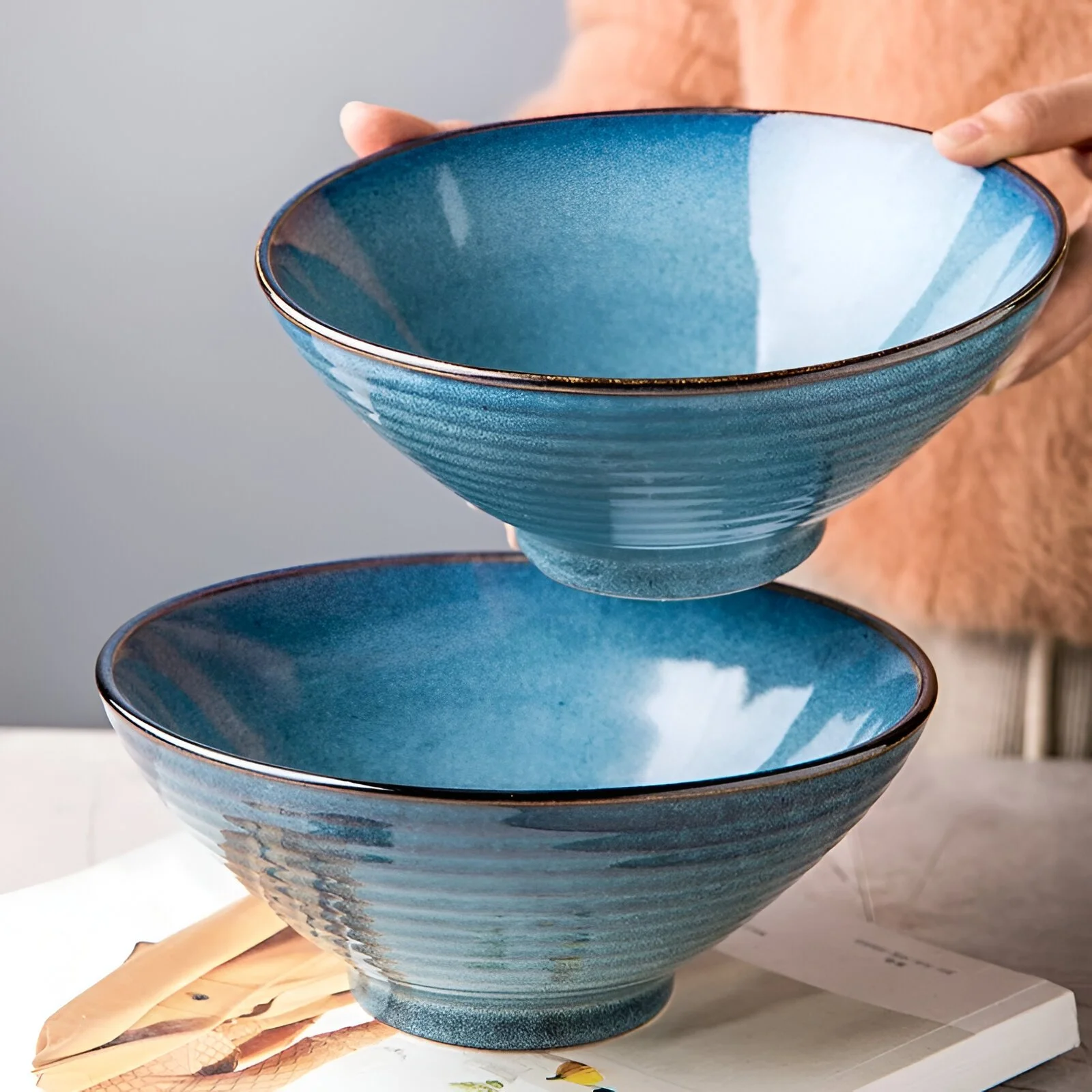 Retro 8-Inch Ceramic Ramen Bowl Bamboo Hat Style Soup Bowl