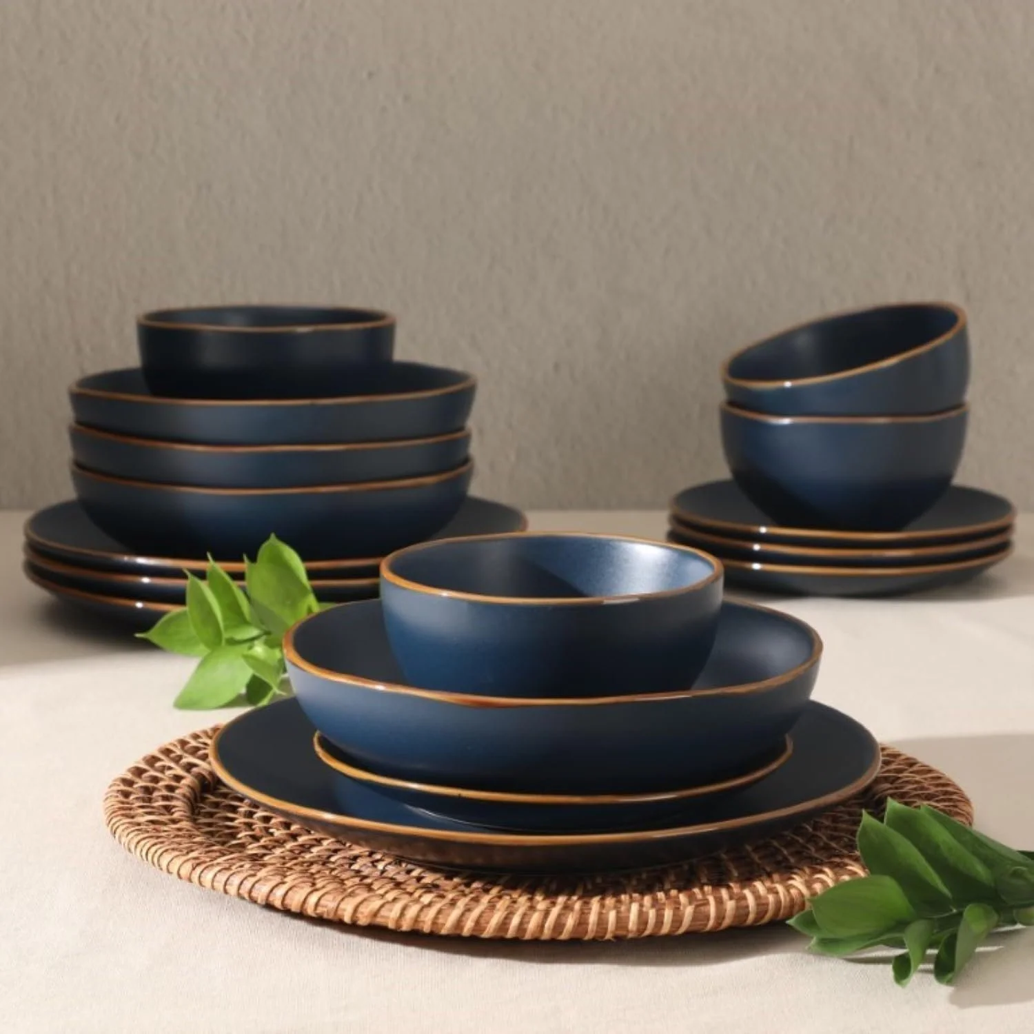 Modern Navy Blue 16-Piece Stoneware Dinnerware Set with Plates & Bowls