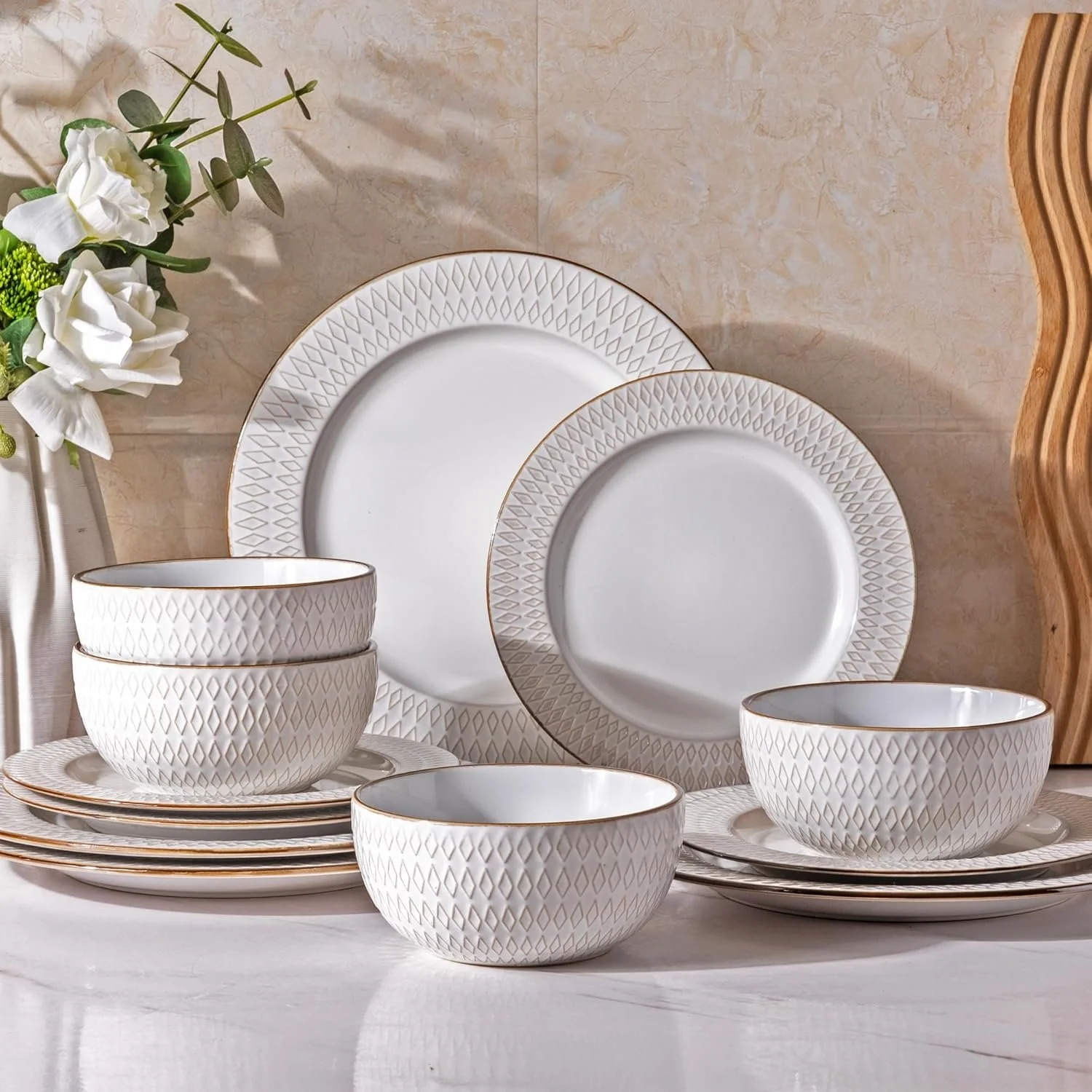 12-Piece Elegant White Embossed Ceramic Dinnerware Set for 4