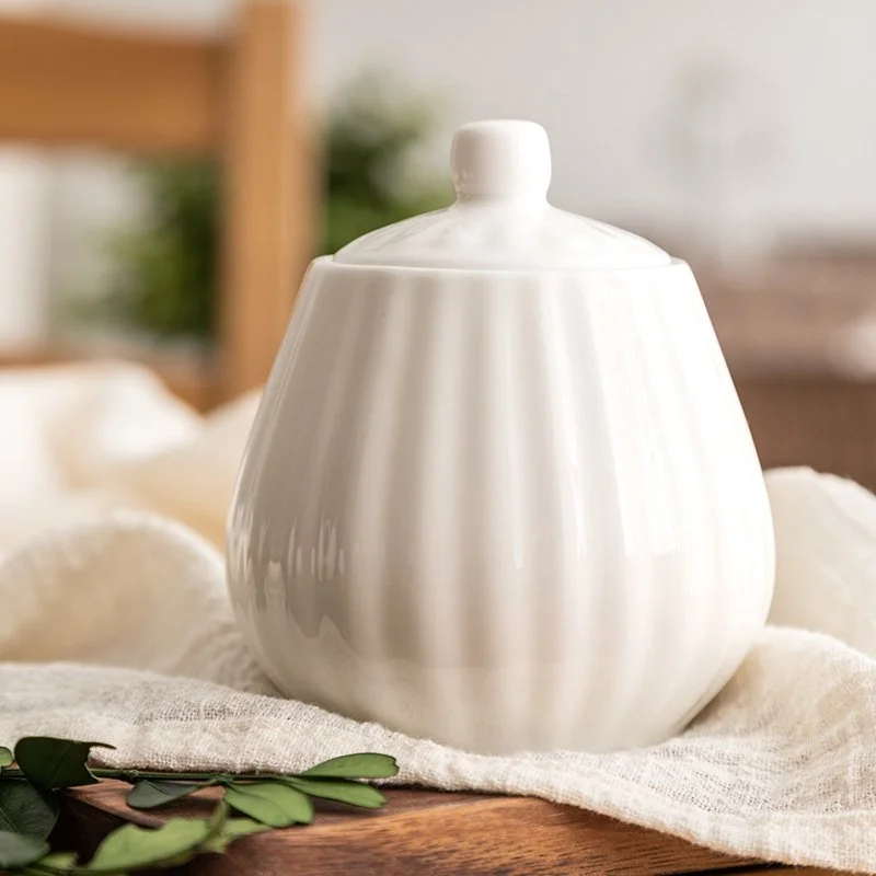 White Embossed Ceramic Sugar Jar with Lid