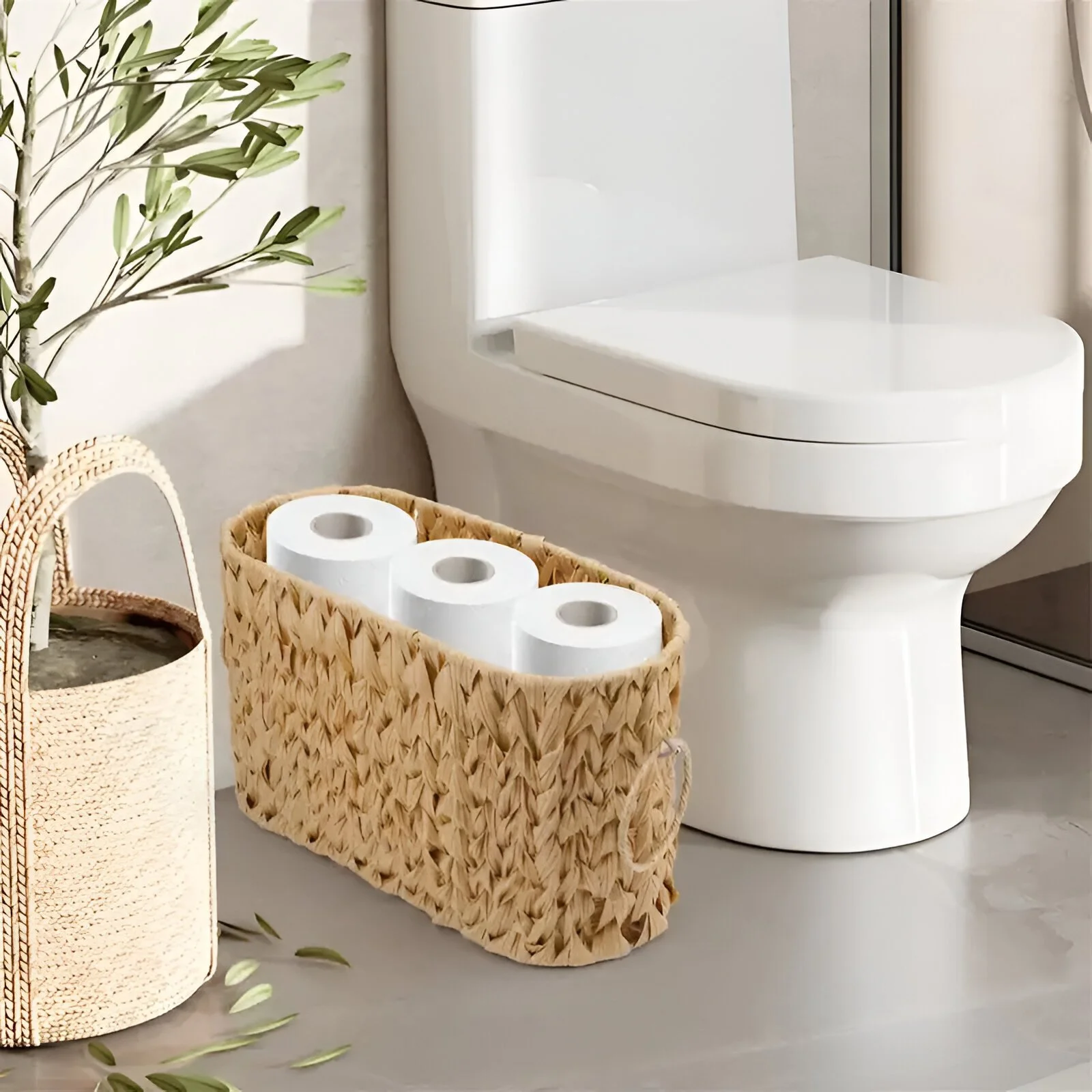 Rattan Toilet Paper Holder Basket with Handles for Bathroom Storage