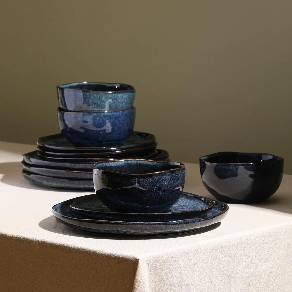24-Piece Deep Blue Stoneware Dinnerware Set