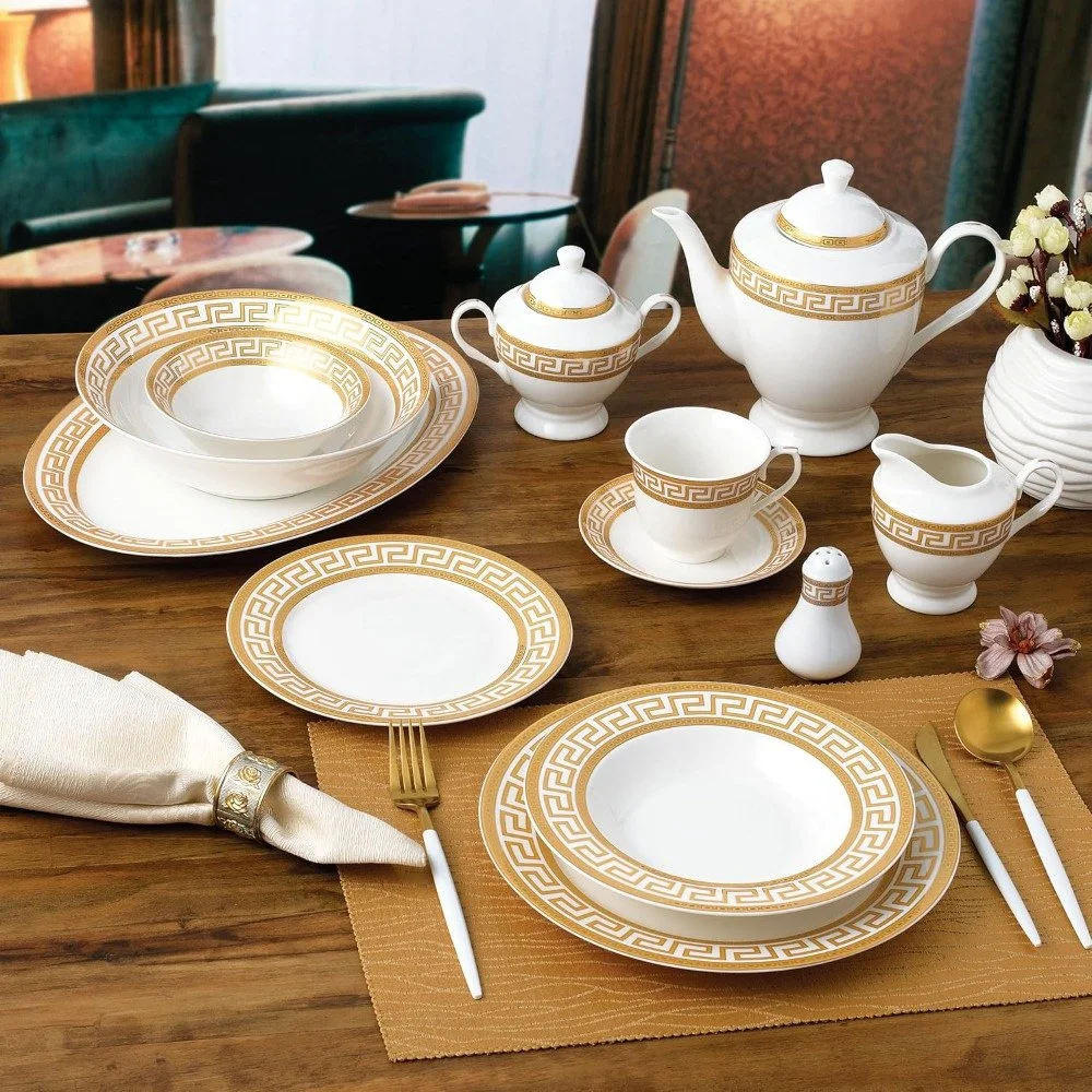 57-Piece White & Gold Greek Key Dinnerware Set