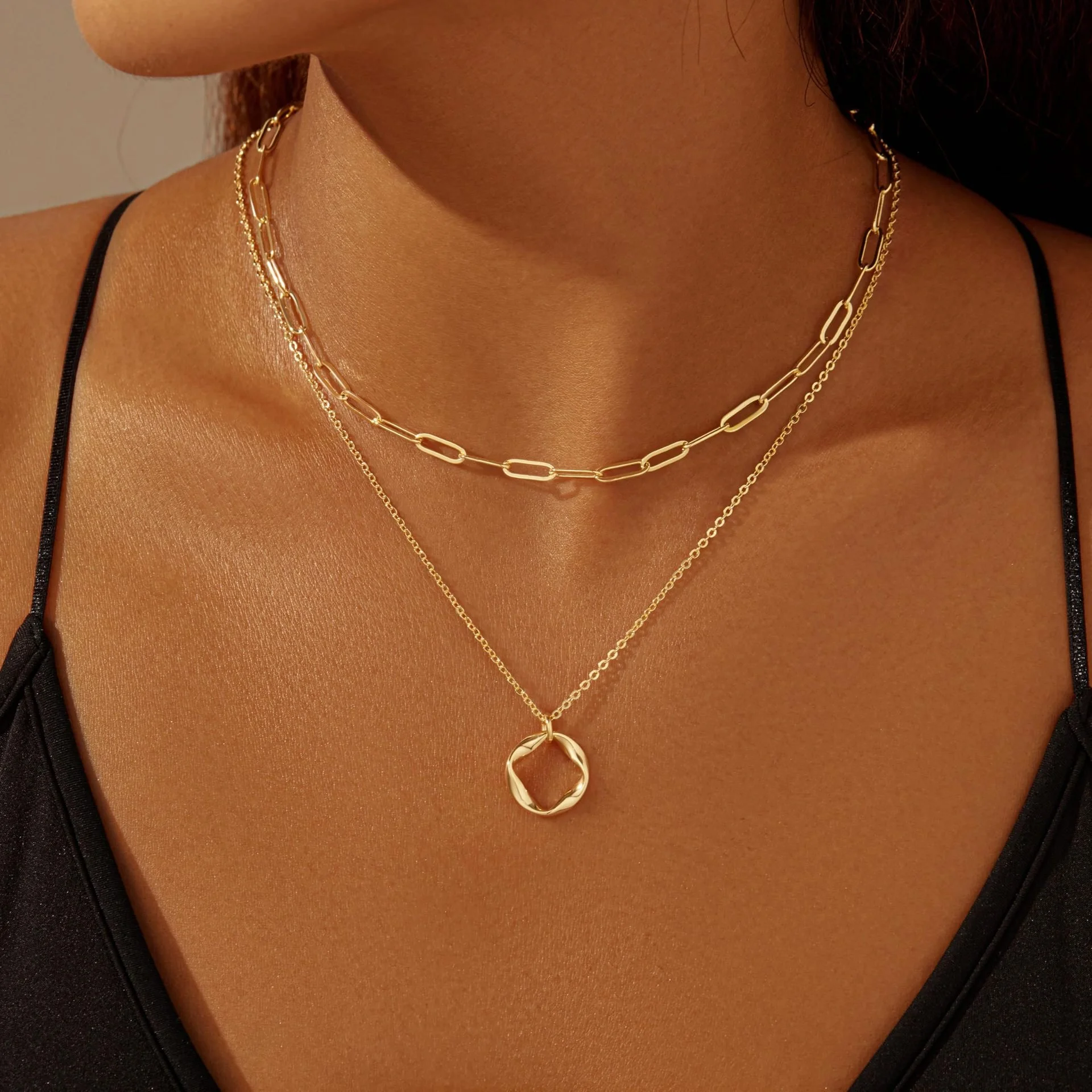 Layered Gold Necklaces - Stackable Choker and Paperclip Chain Set