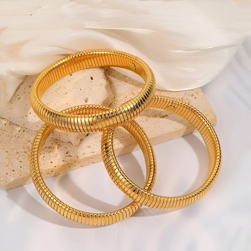 18K Gold Plated Chunky Stretch Bangle Bracelet – Flexible Wide Chain