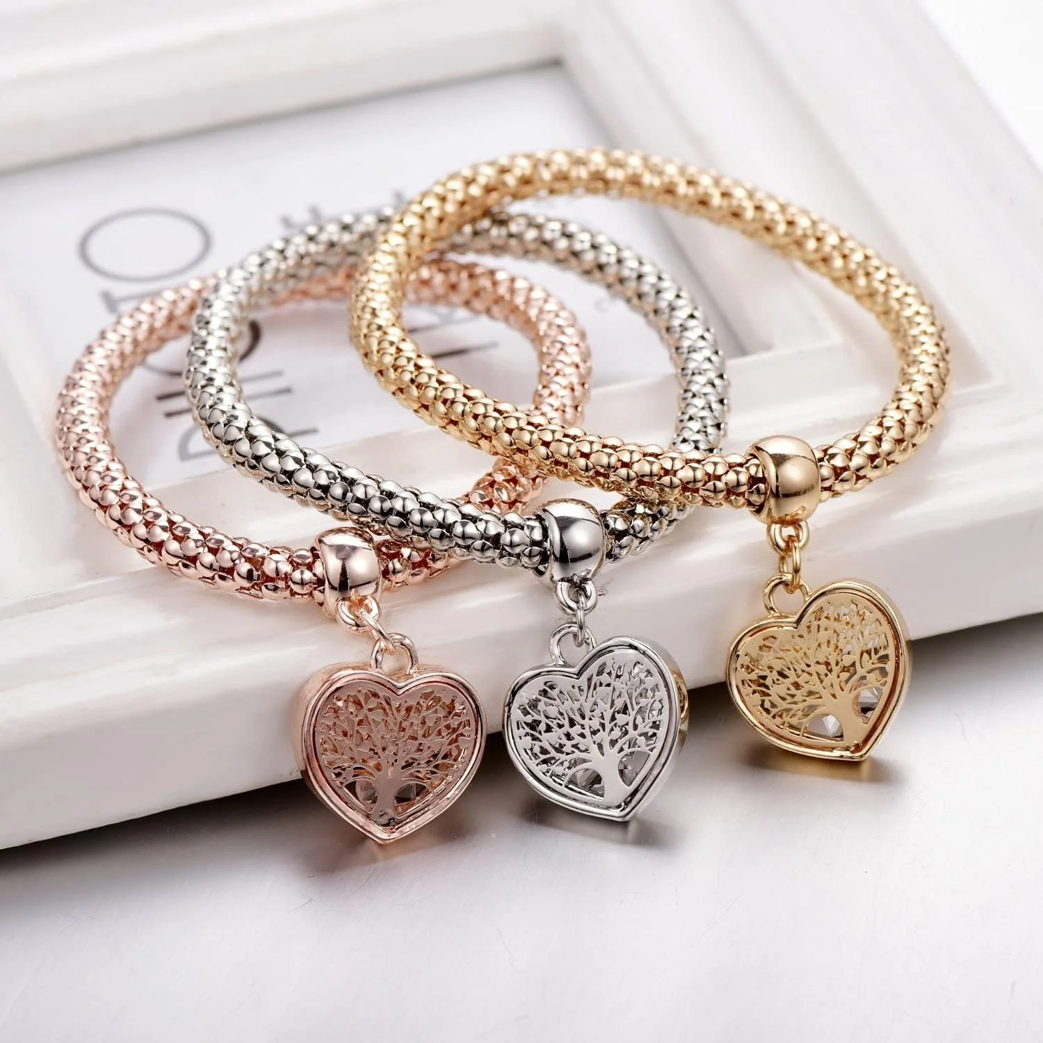 3pcs Gold Silver Elastic Beaded Bracelet Set – Love, Butterfly & Anchor Charms