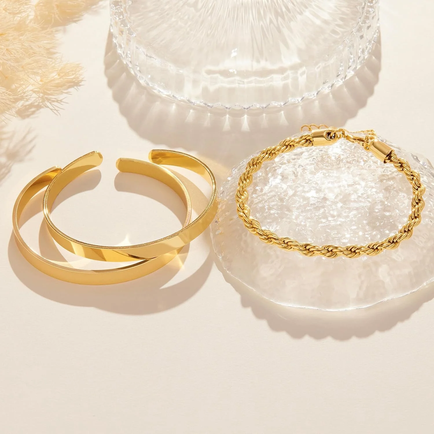 Waterproof 14K Gold Plated Stainless Steel Bangle Bracelet Set for Women