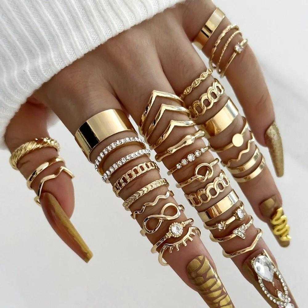30pcs Gold Geometric Pearl & Zircon Ring Set – Trendy Luxury Jewelry