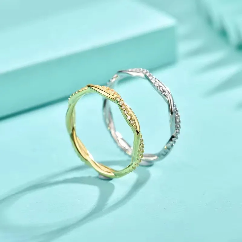 Classic Twisted Rope Couple Ring - 925 Silver with Zircon Accents