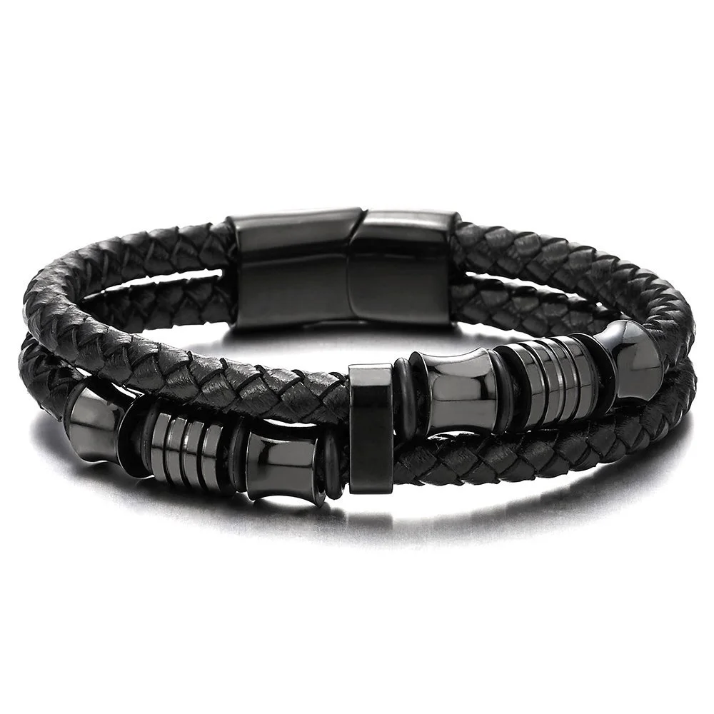 Punk Black Double Leather Bracelet for Men – Stylish Woven Wristband Gift