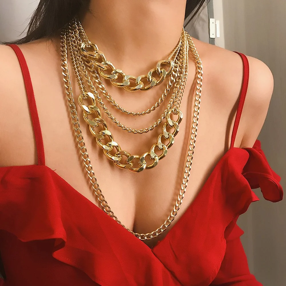 Vintage Gold-Plated Thick Chain Pendant Necklace - Bohemian Jewelry