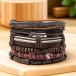 Unisex Leather & Bead Braided Bracelet Set – 5-Piece Adjustable Boho Wristband