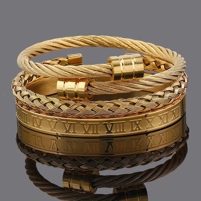Luxury 3-Piece Stainless Steel Roman Numeral Bracelet Set