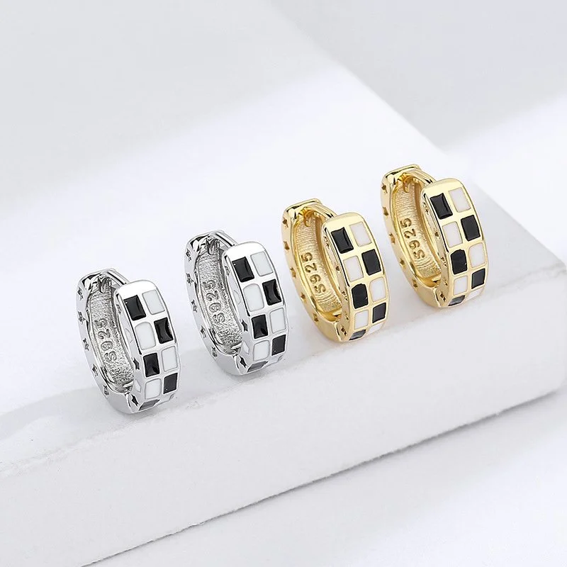 Trendy Black and White Plaid Hoop Earrings for Women