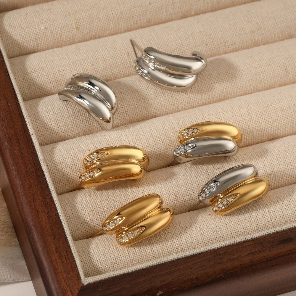Vintage Two-Tone C-Shape Zircon Stud Earrings 18K Gold Plated Hoops