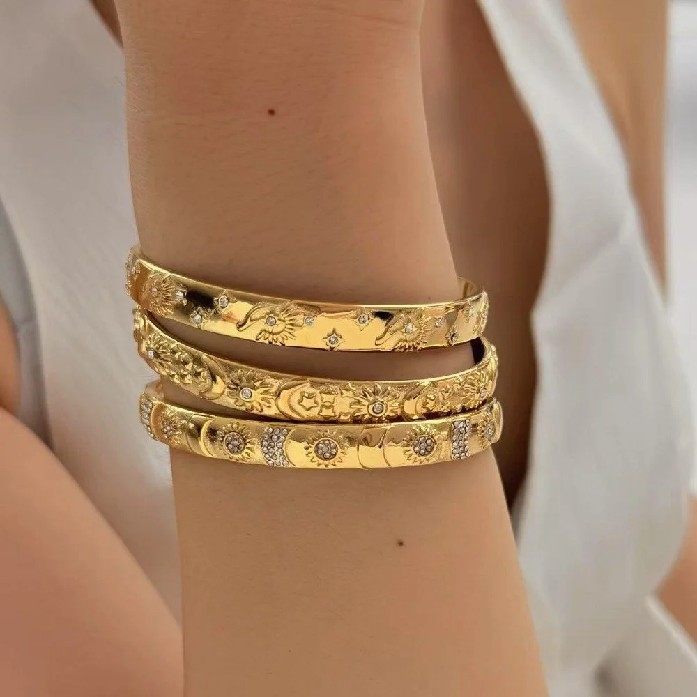 Luxury 18K Gold Plated Sun Moon Star Bangle Bracelet with Zircon Charms