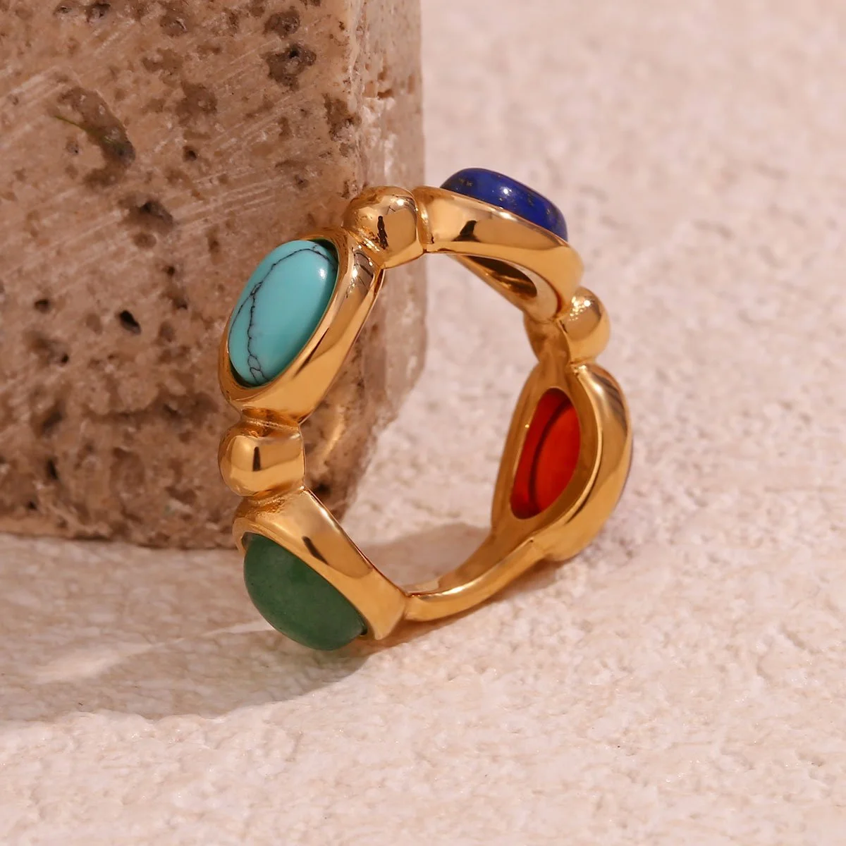 Natural Stone Turquoise Rings - Stainless Steel Waterproof Jewelry