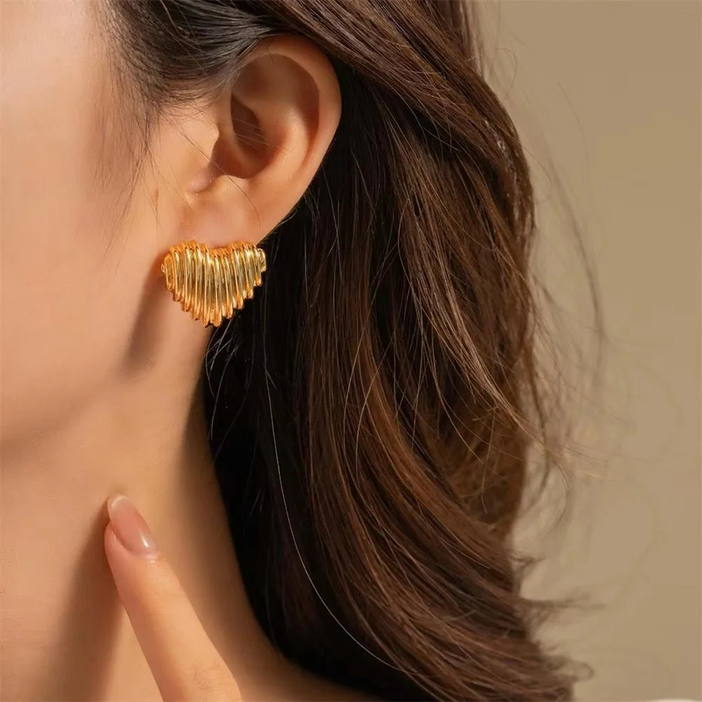Gold Plated Vintage Heart Stud Earrings for Women