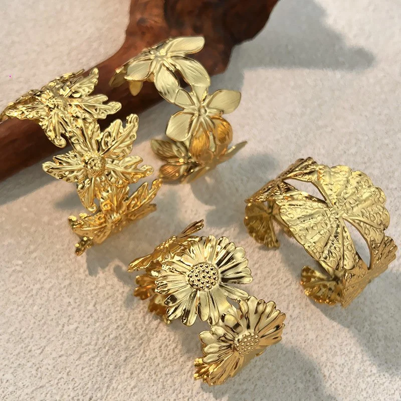 Gold Wide Cuff Bracelet with Retro Floral Leaf Design