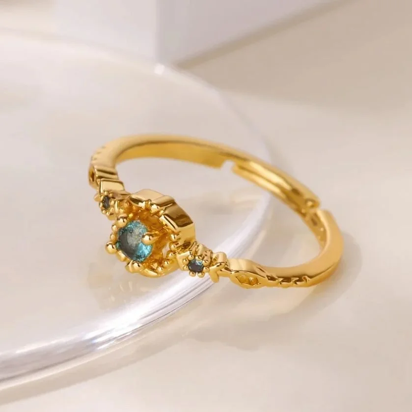 Green Zircon Adjustable Gold Stainless Steel Ring