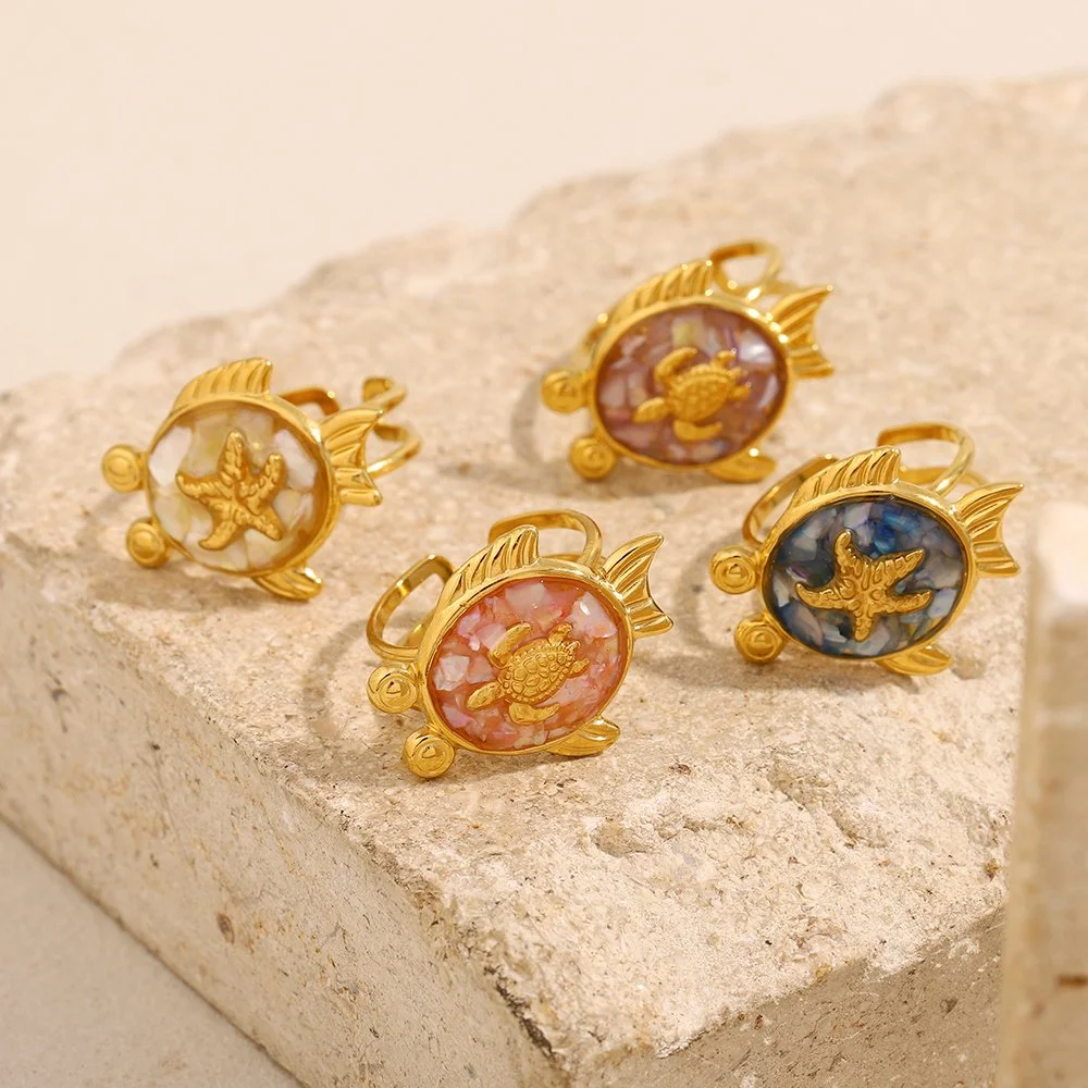 18k Gold Plated Stainless Steel Turtle Ring with Natural Stone