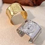 Gold Plated Stainless Steel Wide Sun Pattern Cuff Bracelet for Women