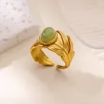 Gold Leaf Adjustable Natural Stone Ring for Women