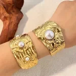 Elegant Pearl Wide Open Cuff Stainless Steel Bracelet