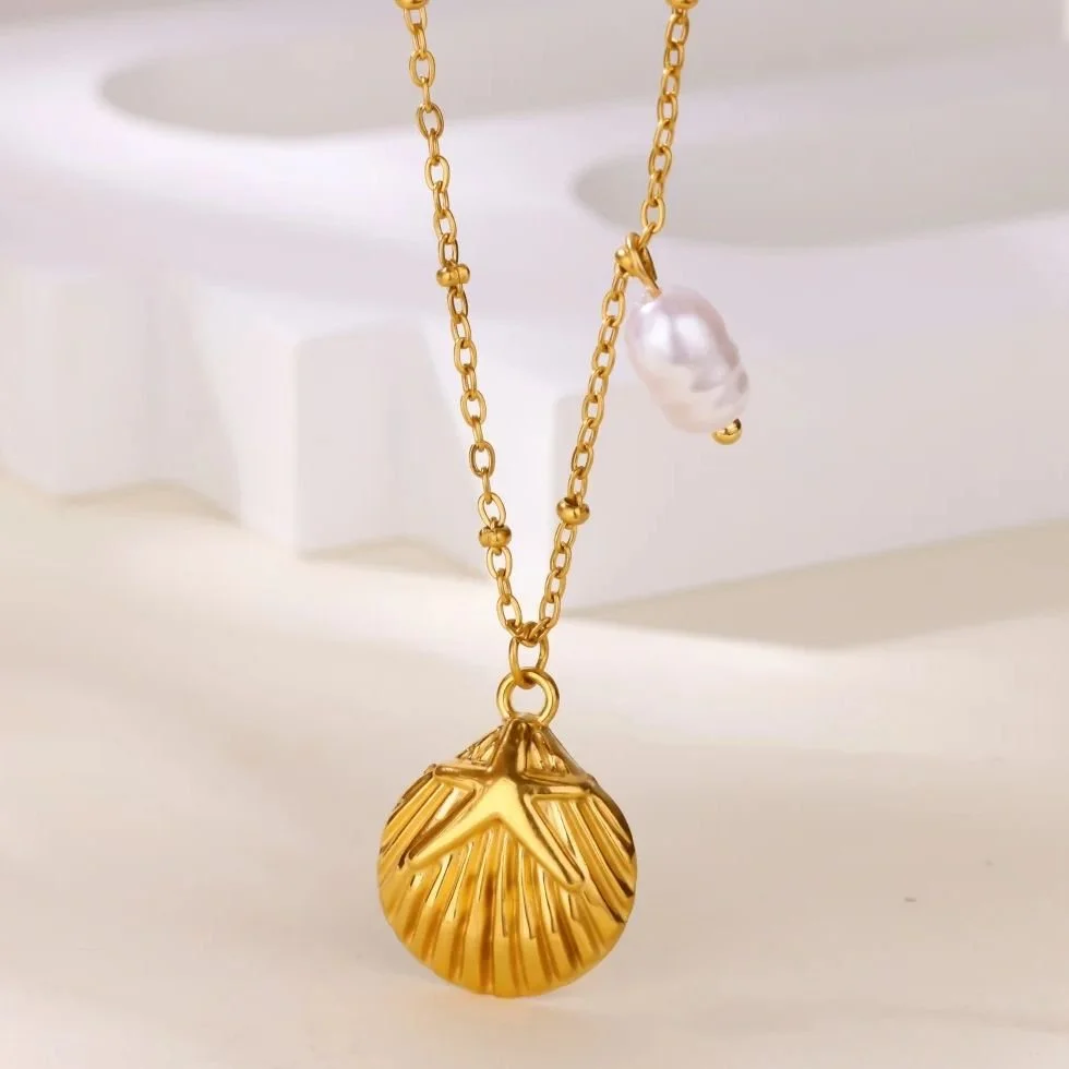 Gold Shell Starfish Pearl Necklace for Women