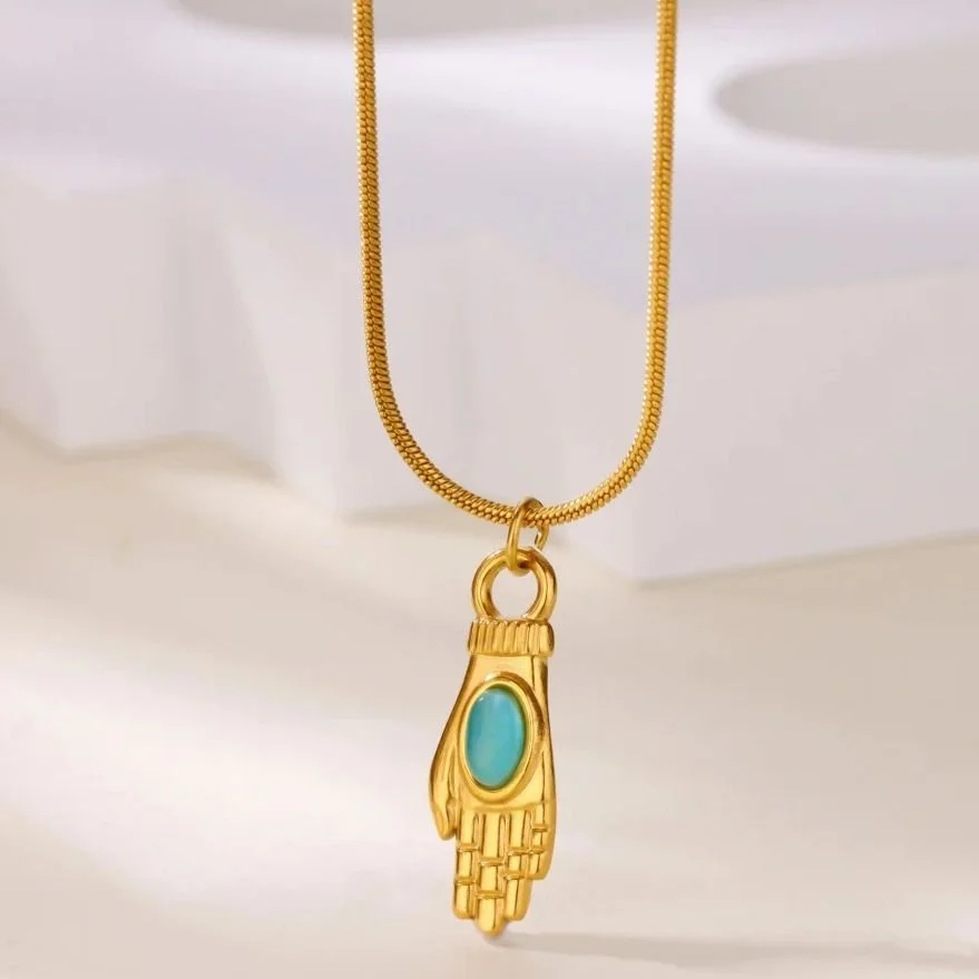Gold Opal Hand Pendant Necklace for Women – Vintage Geometric Jewelry Gift