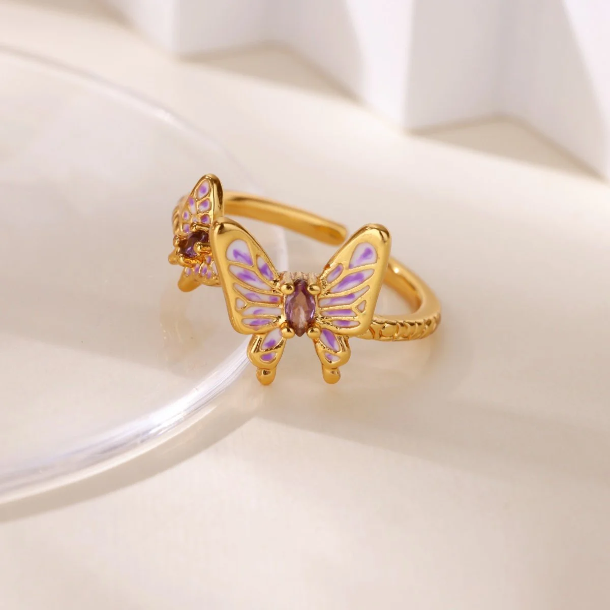 Gold Color Butterfly Opening Ring with Zircon - Elegant Jewelry for Women