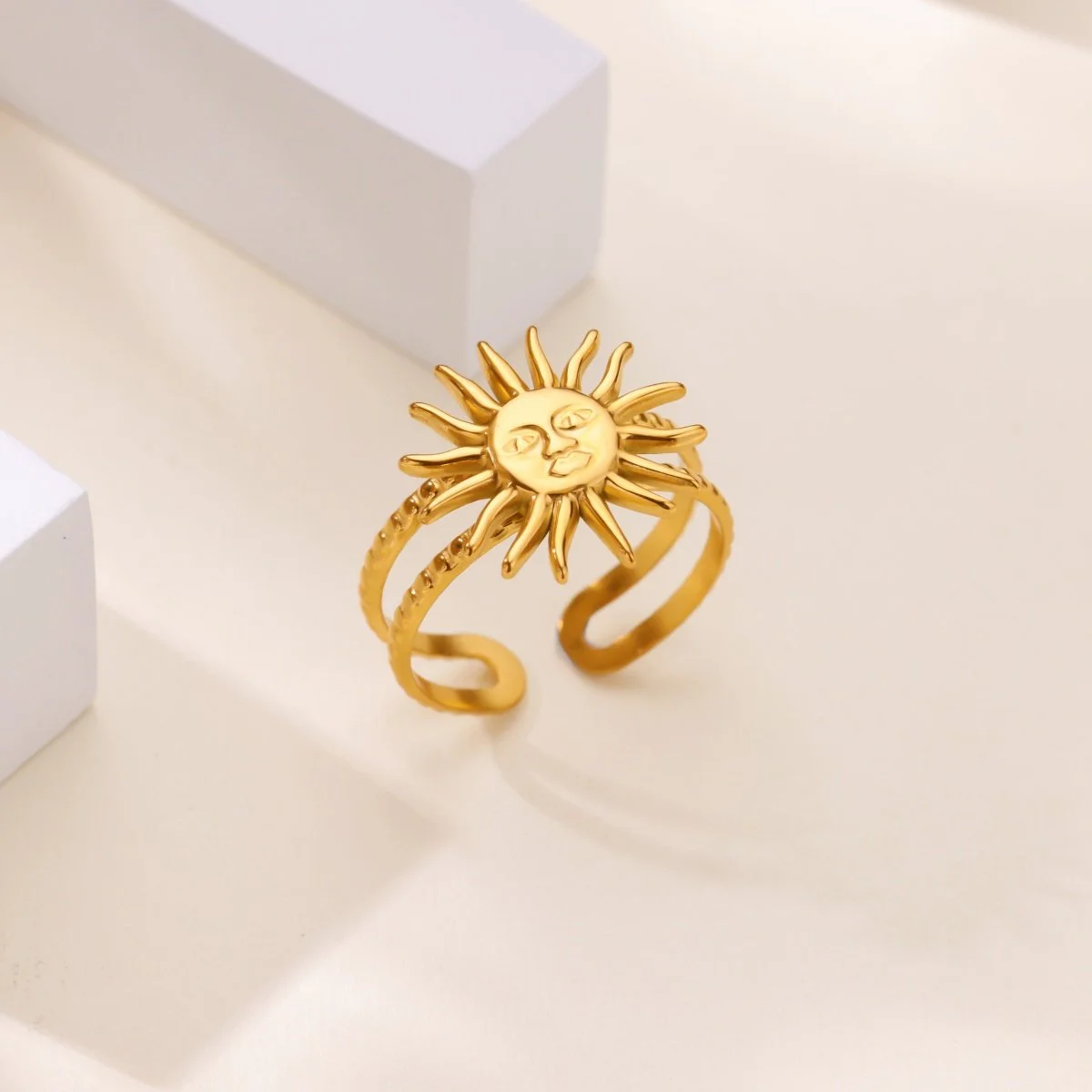 Geometric Sun Double Rings - Adjustable Gold Color Stainless Steel Ring