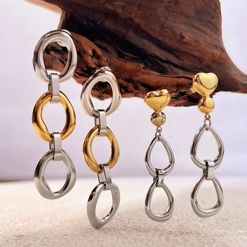 Two-Tone Gold Plated Stainless Steel Long Dangle Heart Earrings