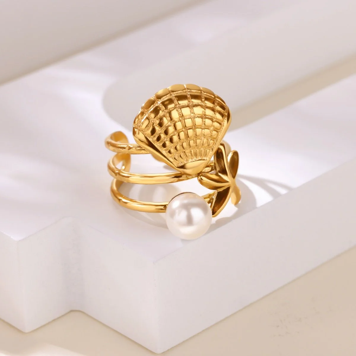 Gold Color Starfish Shell Pearl Ring - Adjustable Vintage Jewelry for Women