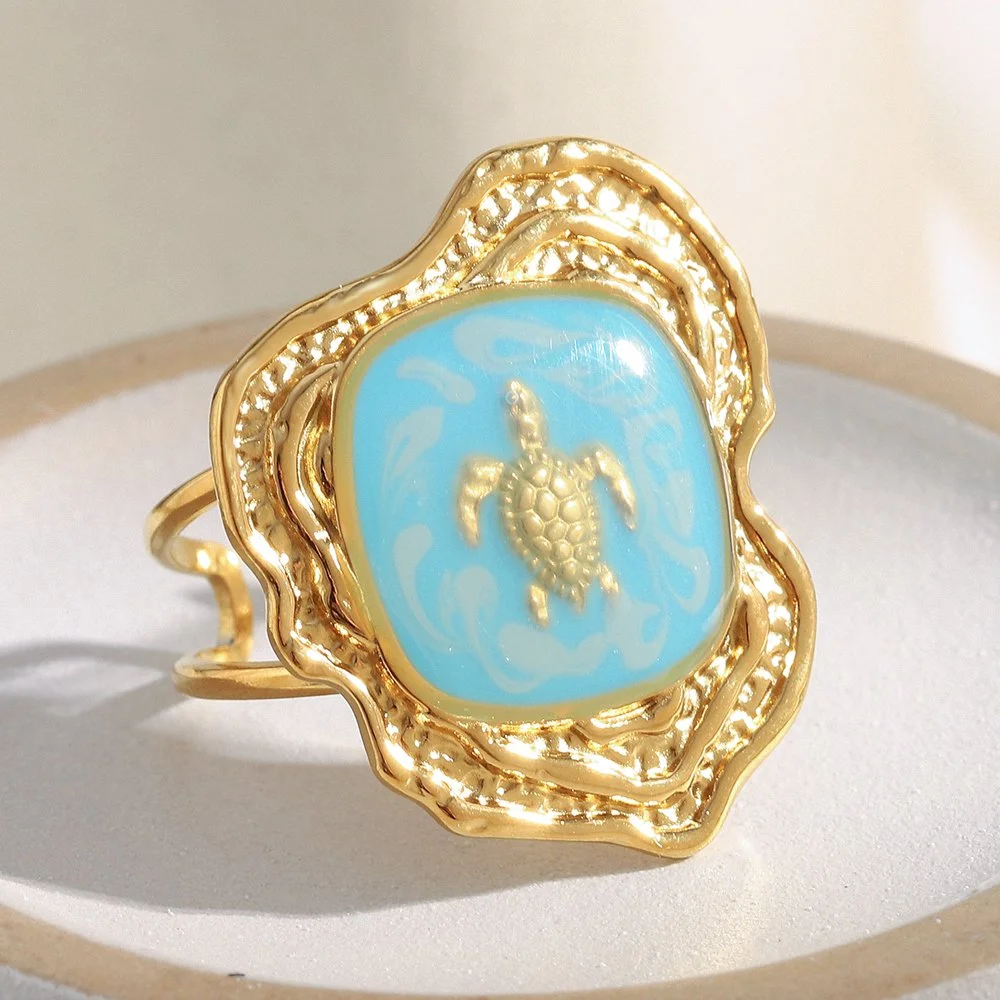 Natural Stone Turtle Open Ring - 18k Gold Plated Jewelry for Women
