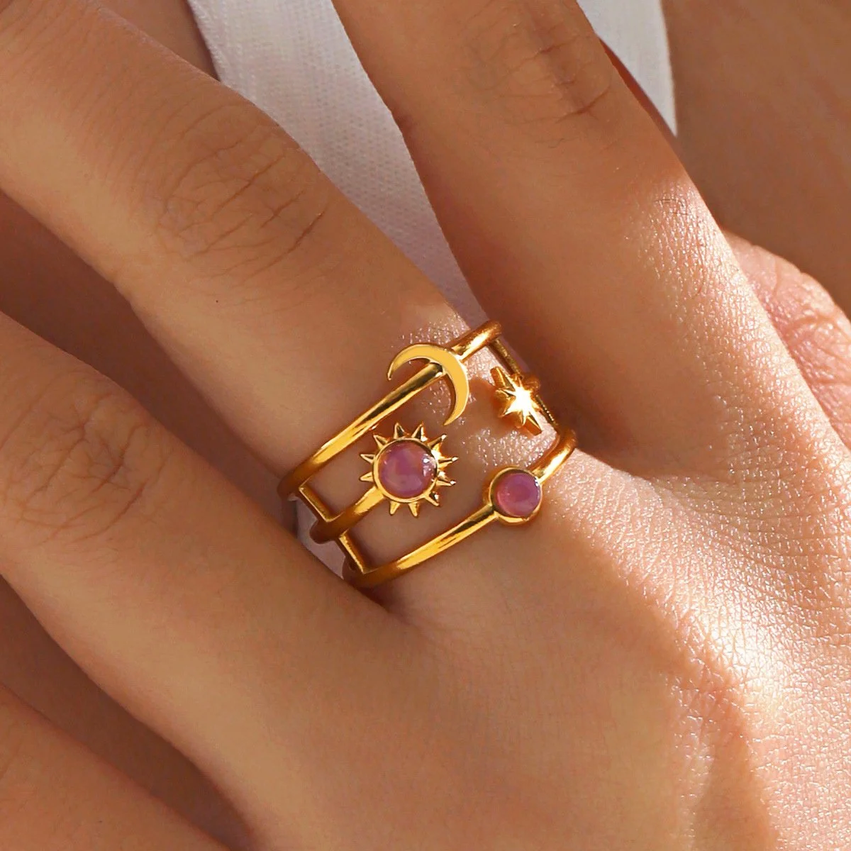 Golden Star Sun Moon Pink Rhinestone Adjustable Ring